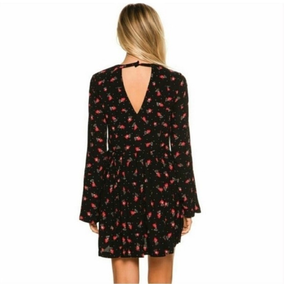Free People Teagan Black Long Sleeve Y2K Dress with Red Flowers Size 2 overs… - Picture 2 of 13